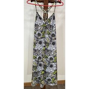 PrAna Sundress Floral Strappy Back Size L Green Gray White Boho Festival Vibe
